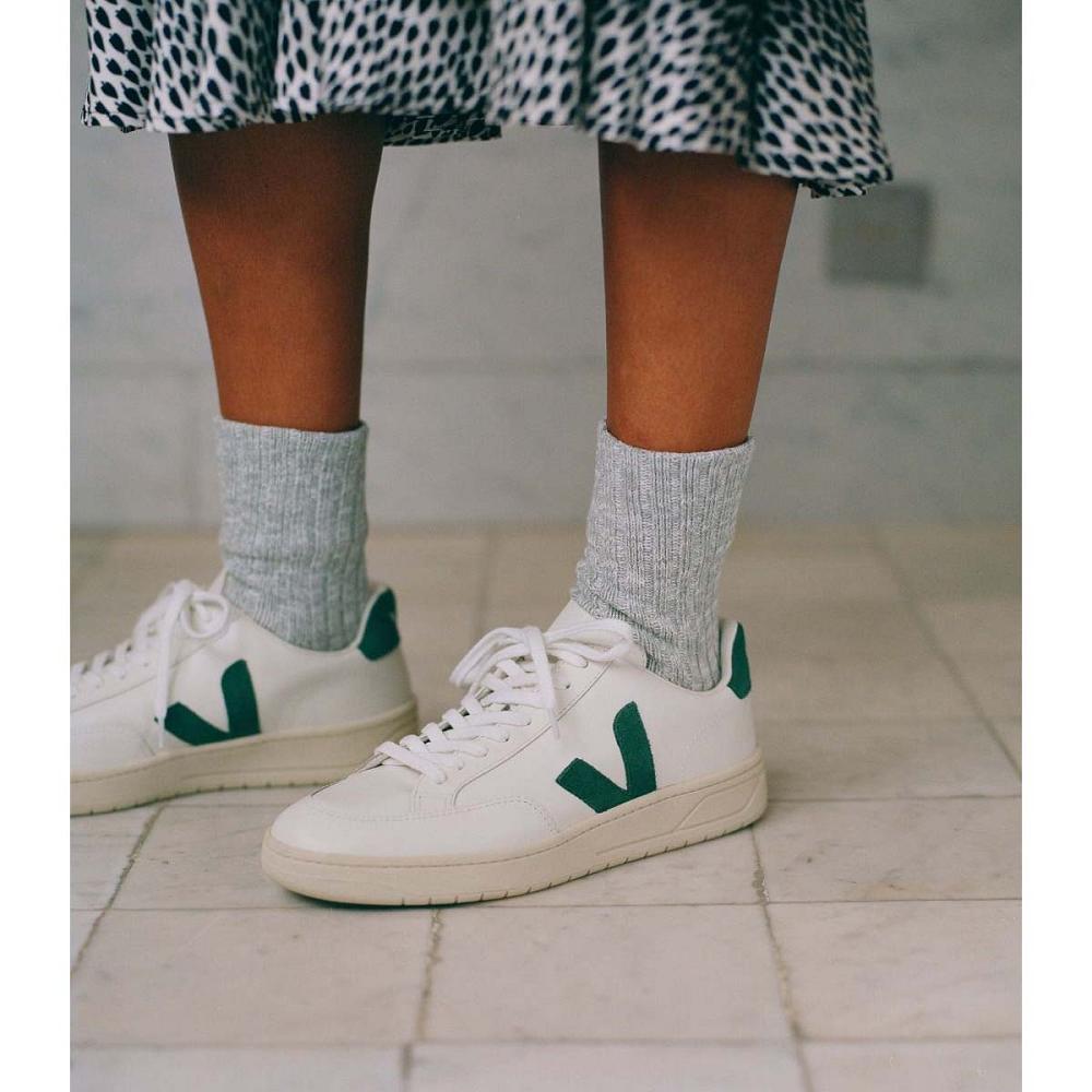 Veja V-12 LEATHER Joggesko Dame White/Green | NO 671KOR